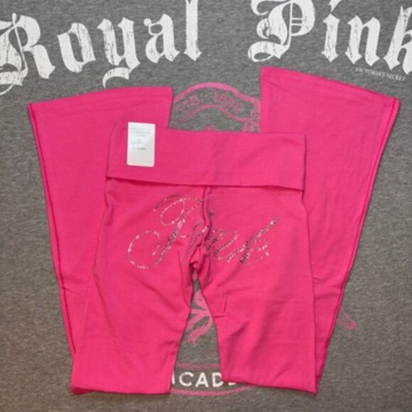 NWT Victoria’s Secret PINK Foldover Flare Leggings Carmine Rose Rhinestone Bling - Picture 2 of 8